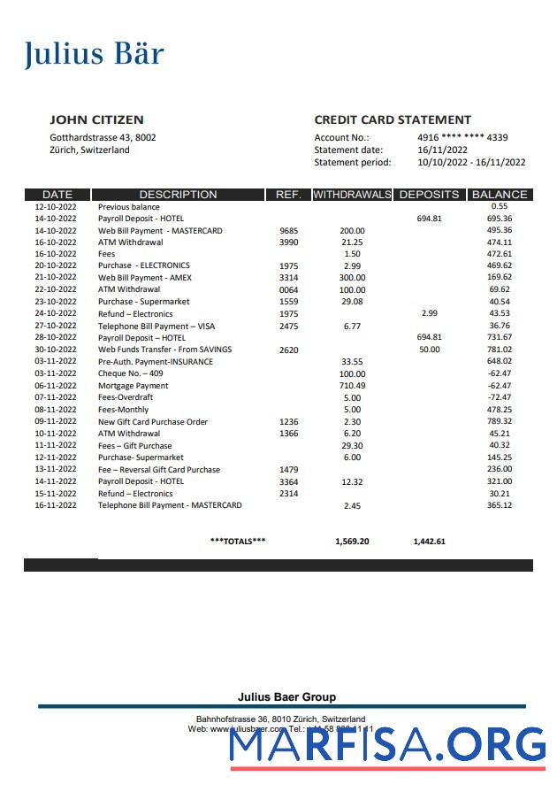 Downloadable Switzerland Julius Bar bank statement excel template